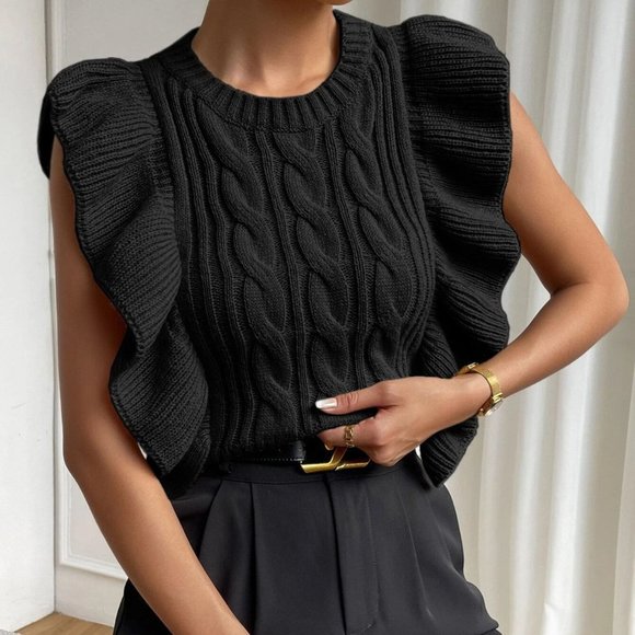Black Preppy Womens Cable Knit Ruffle Trim Sweater Vest - Picture 3 of 5
